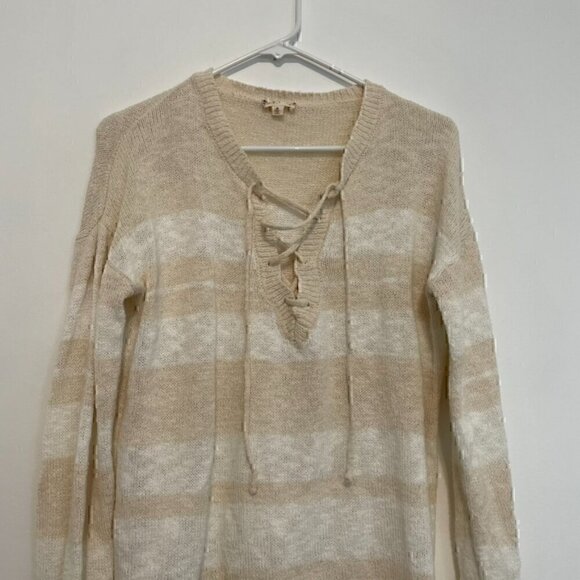 HEM & THREAD ALTAR'D STATE Cream White Striped Lace Up Knit Pullover Sweatshirt - Picture 3 of 14